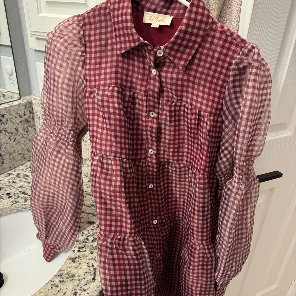 Maroon Gingham Button-Up Dress